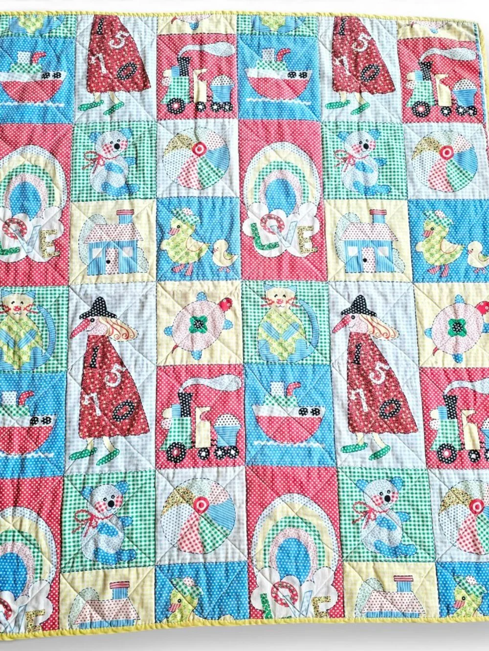 Vintage Handmade Baby Patchwork Quilt Primary Colors Red Yellow Duck 43.5